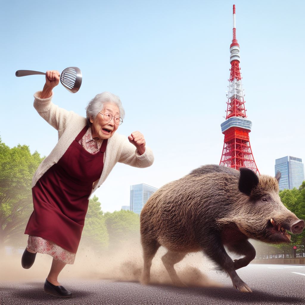 東京タワー前にてお玉を構えて突進するイノシシを成敗する日本人のおばあちゃん