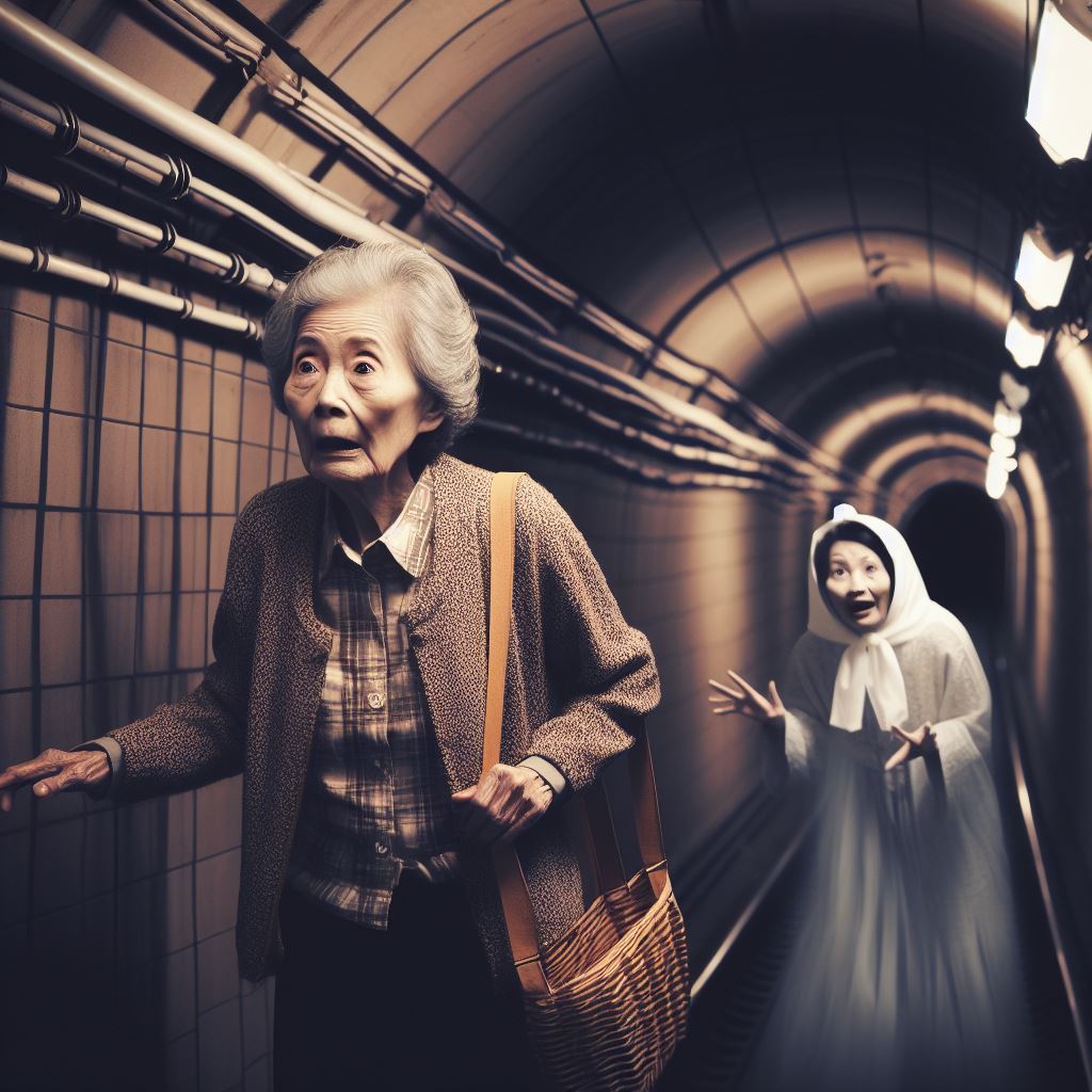 トンネル内で老婆を幽霊と見間違え驚く老婆