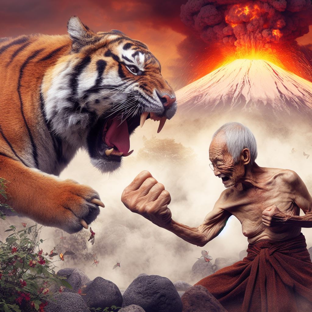 富士山が噴火中に暴れ狂うトラを拳一つで成敗する老婆