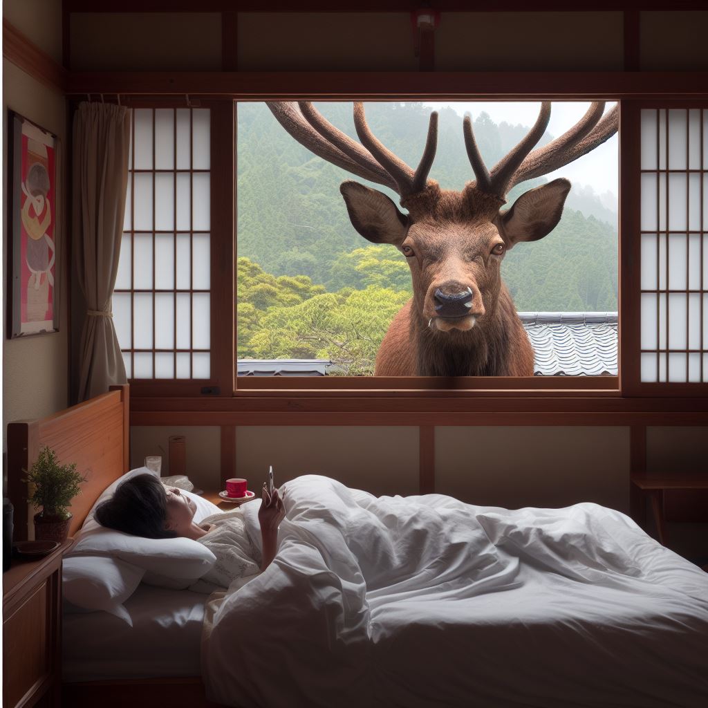 寝室の窓から中を覗き込む巨大な雄鹿