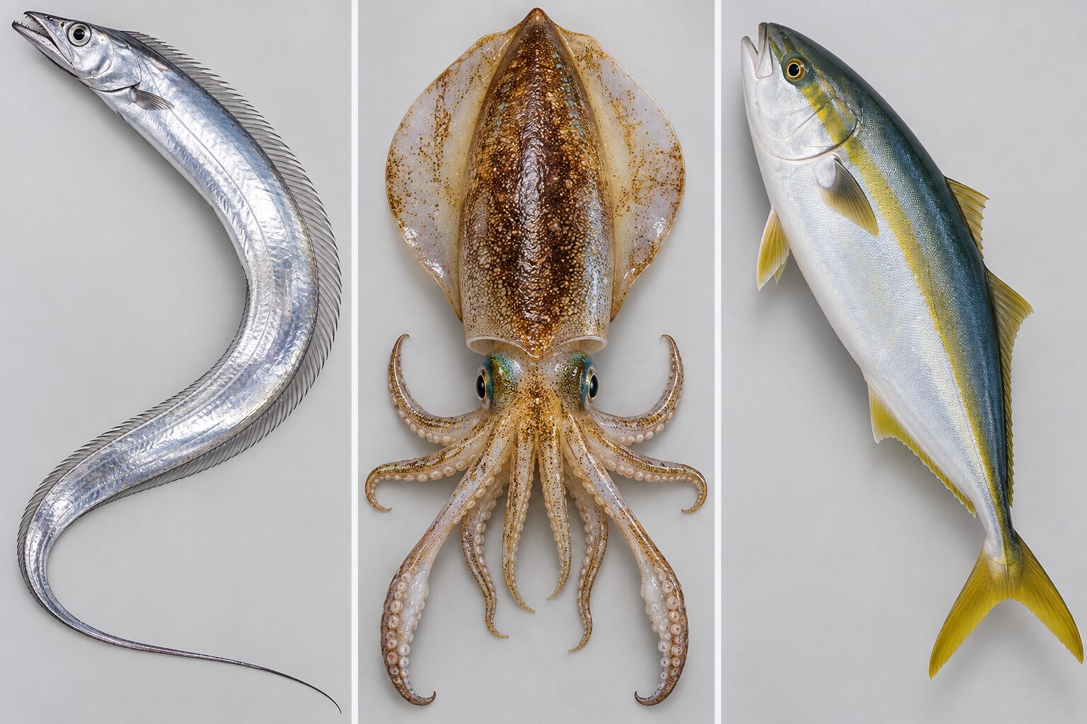 秋に狙える魚介の例。左からタチウオ・アオリイカ・ハマチ(イメージ/大きさの比率は実物と異なります)。