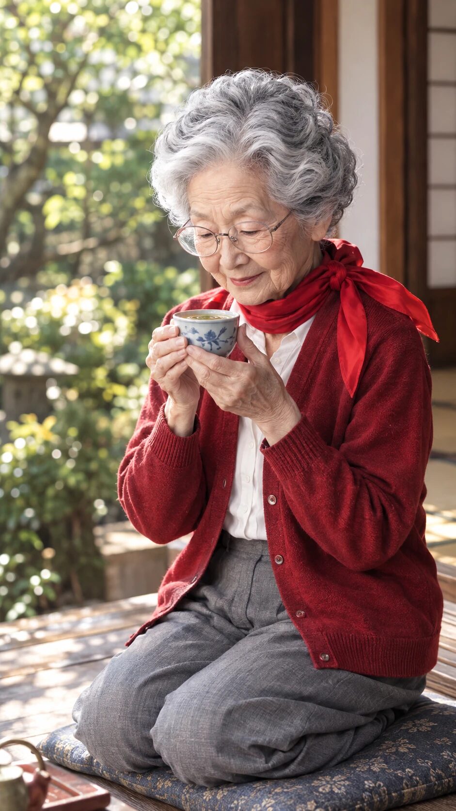 縁側でお茶を飲むエミリー