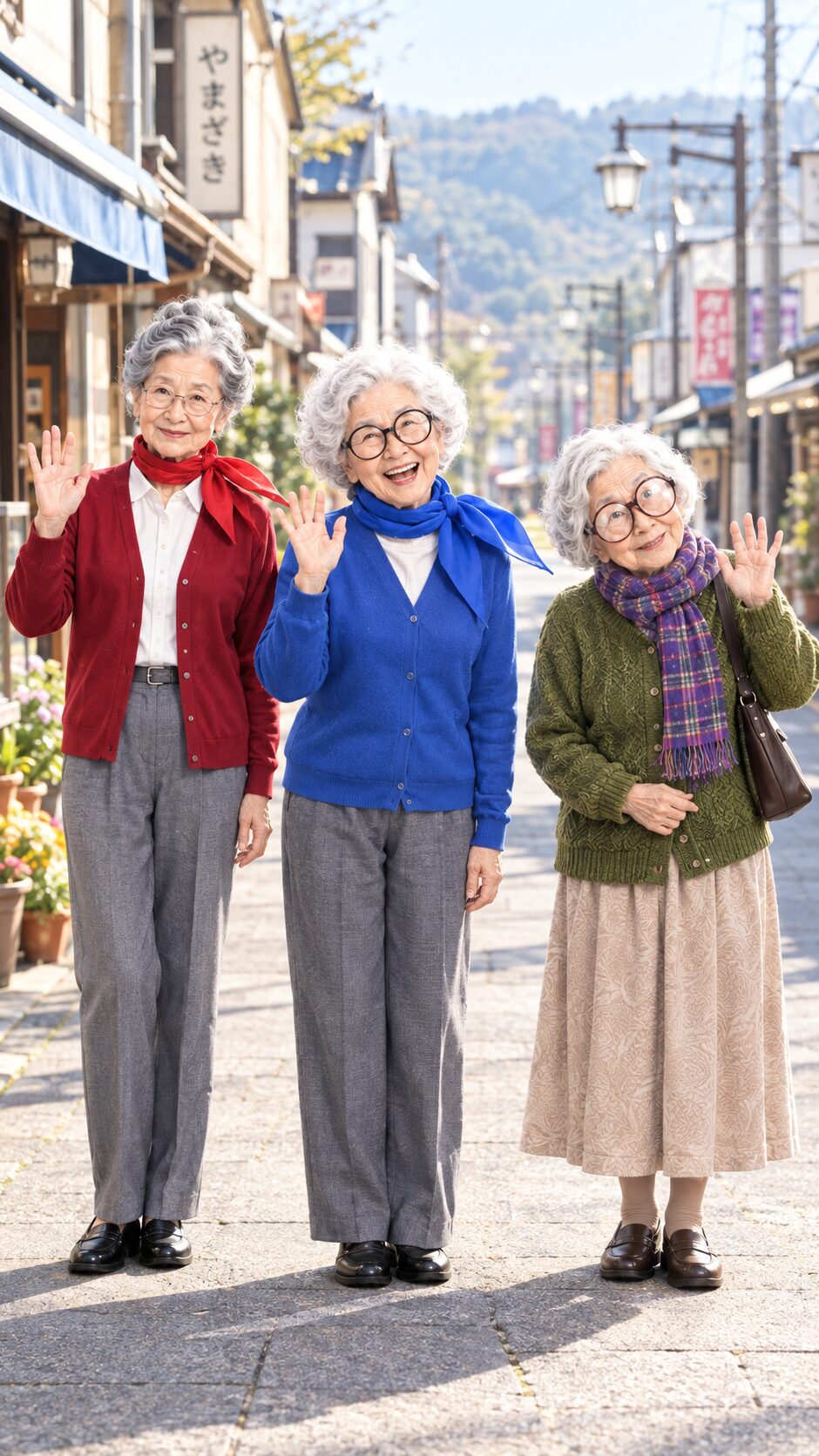 商店街で手を振るグランマ三姉妹