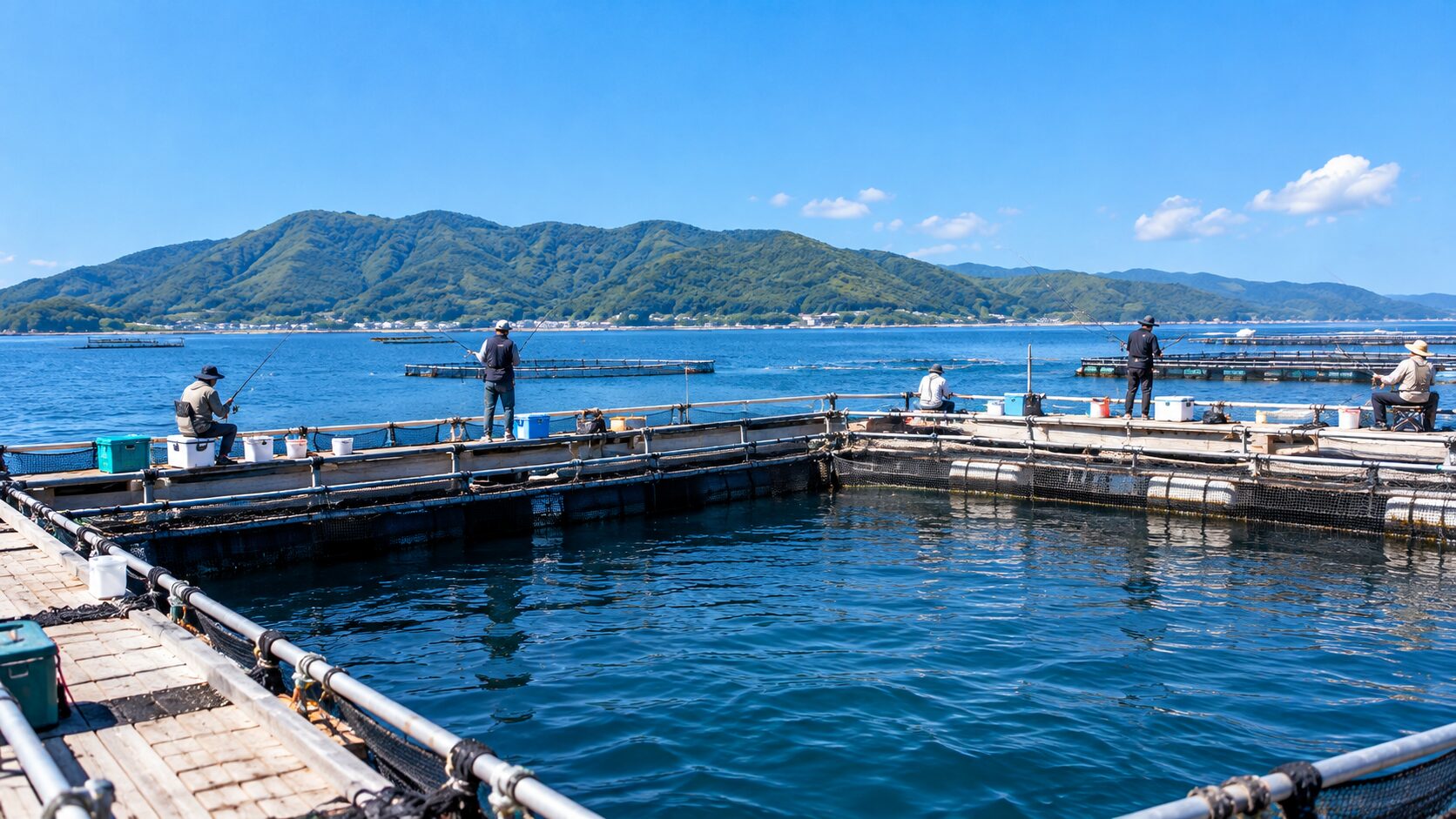 海上釣り堀のいけすで釣りをする人