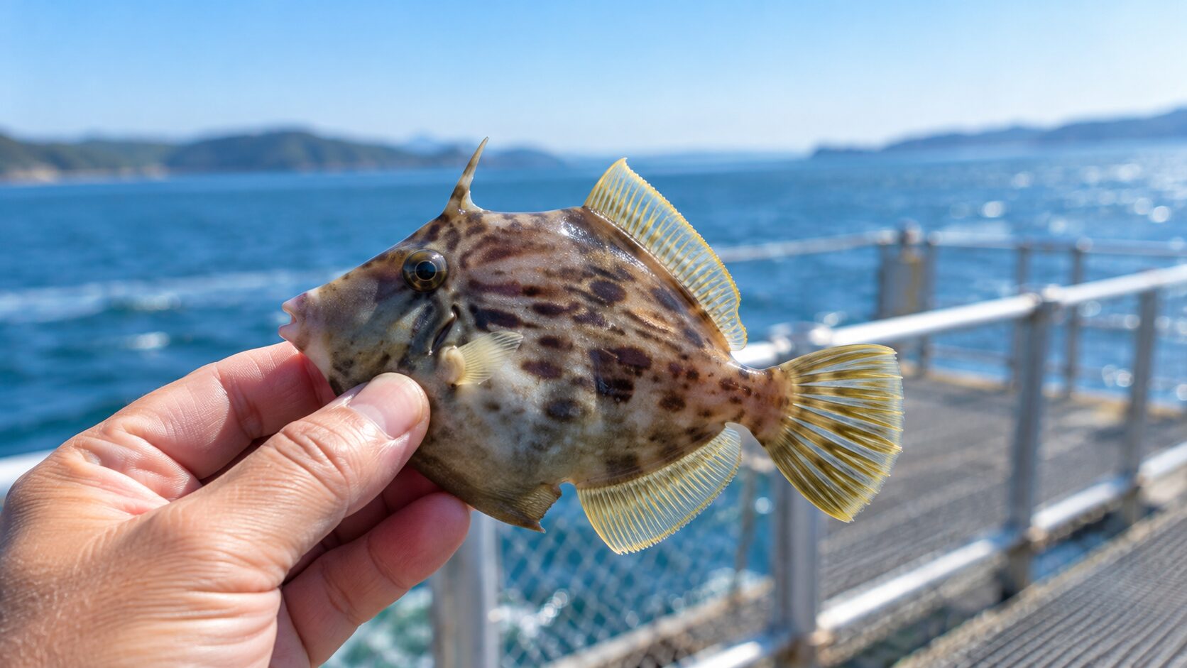 釣ったカワハギを手に持つ様子