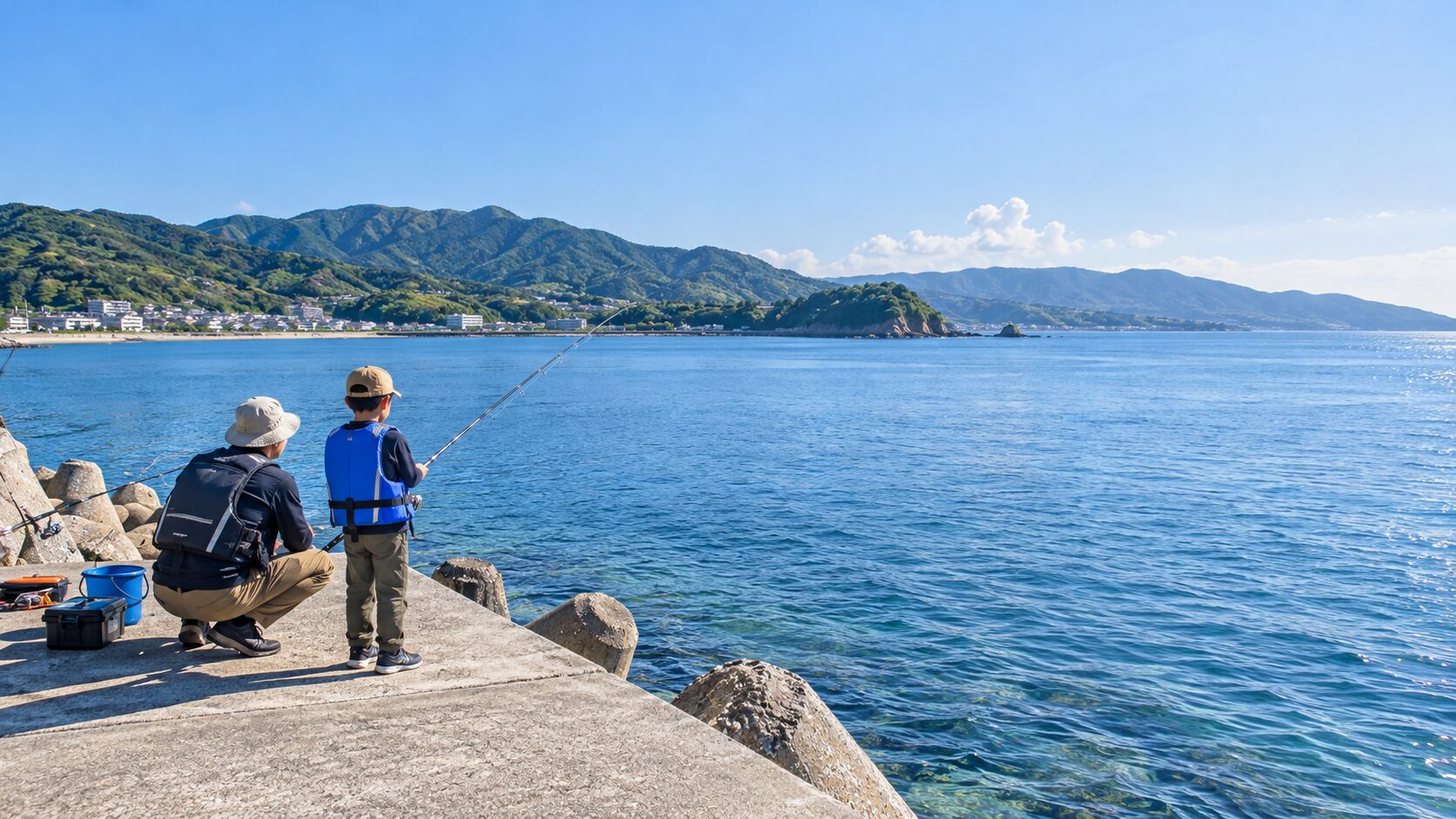 海沿いで釣りをする親子
