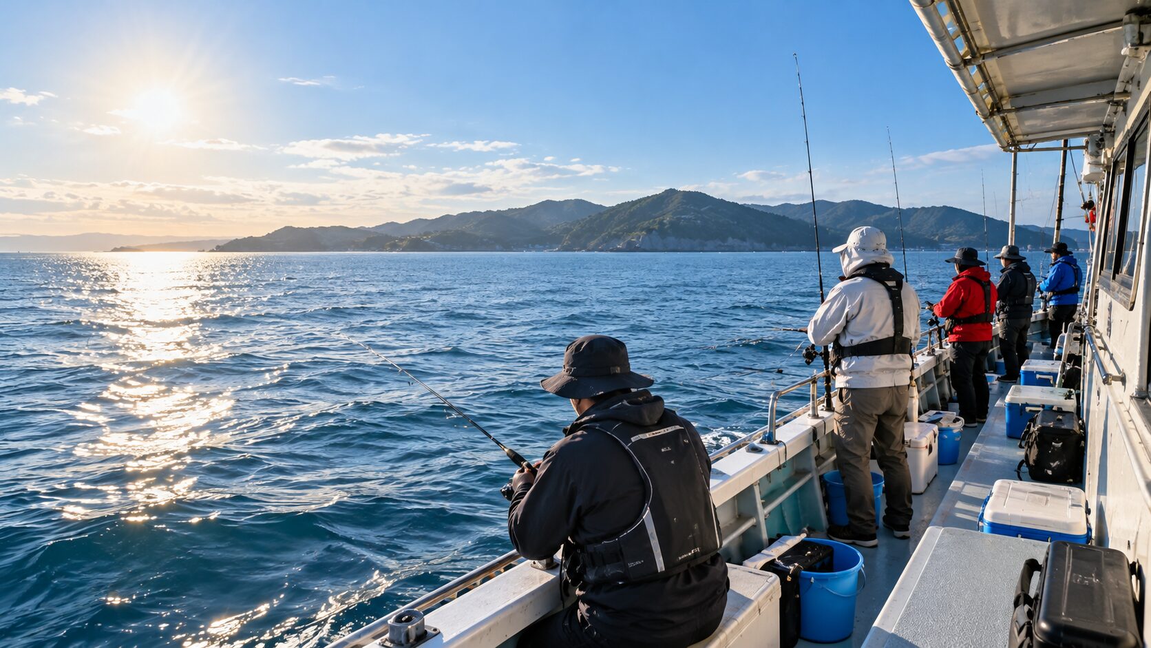 乗合船で釣りをする人たち