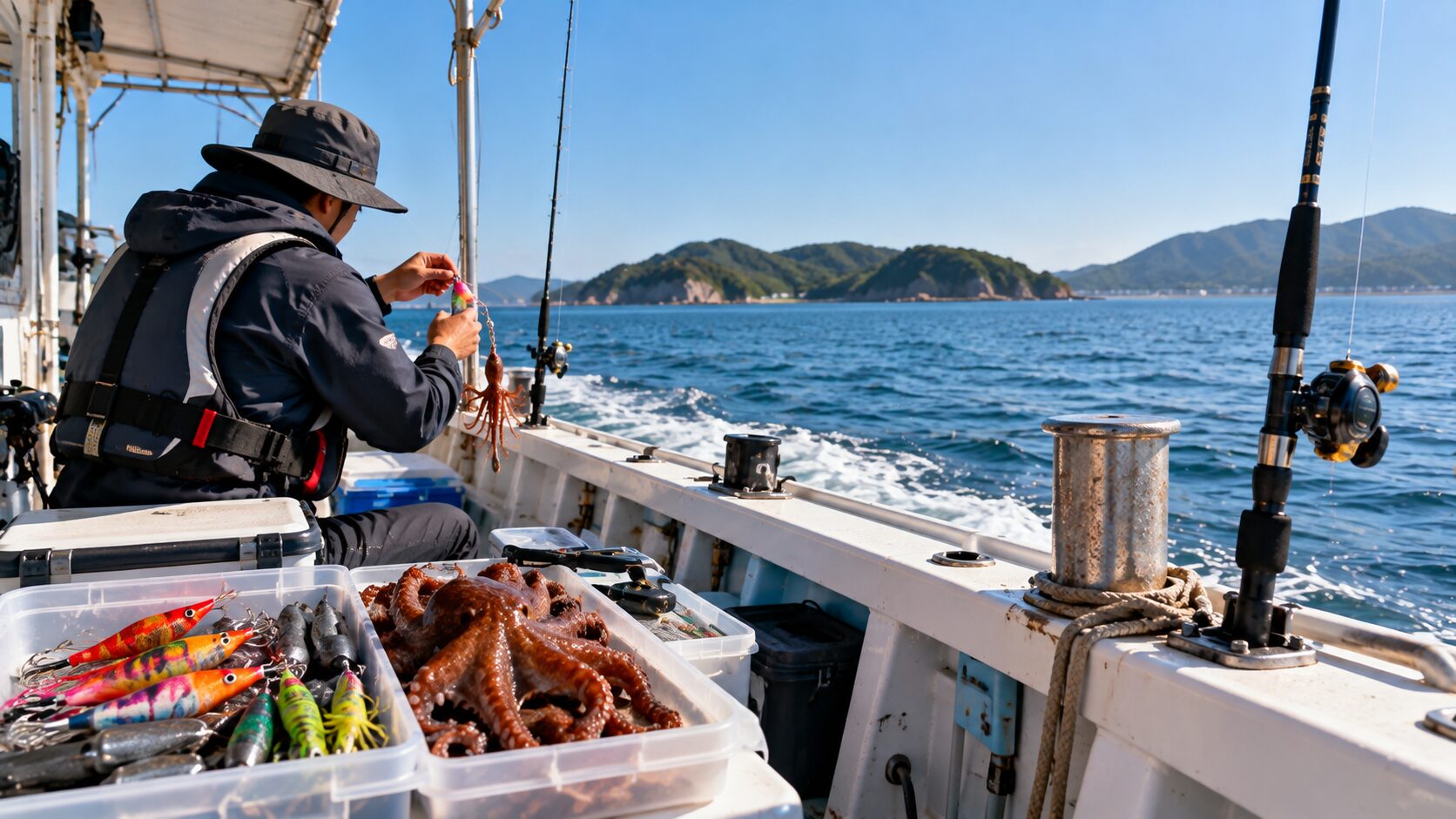 釣り船でタコ釣りの準備