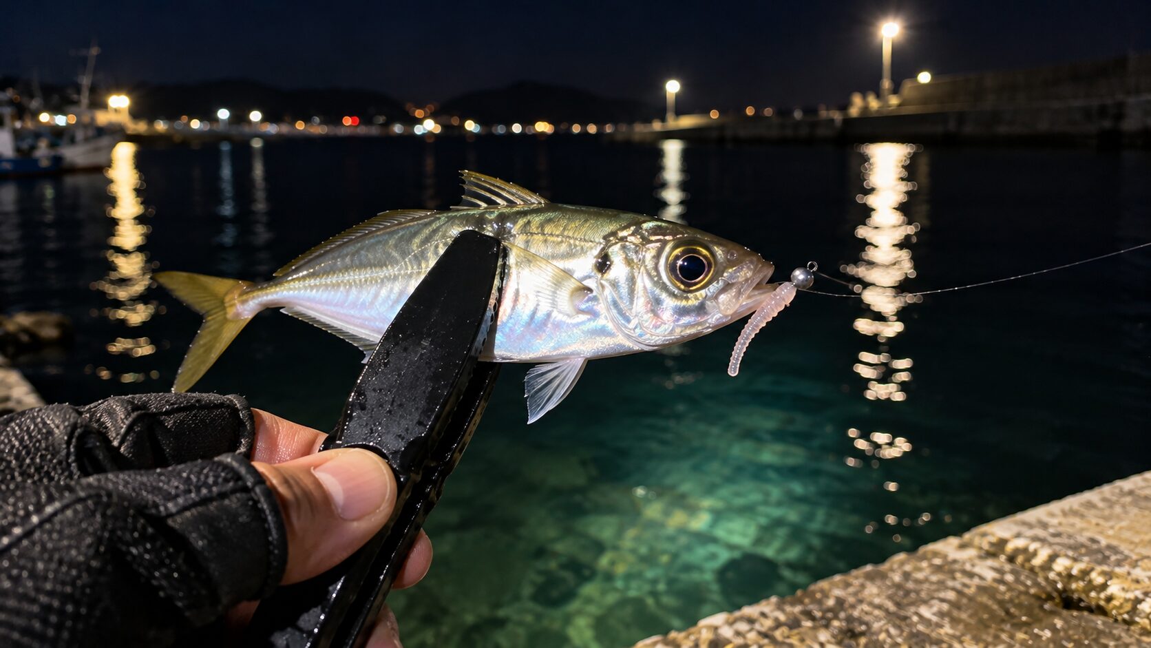 夜の港で釣れたアジ