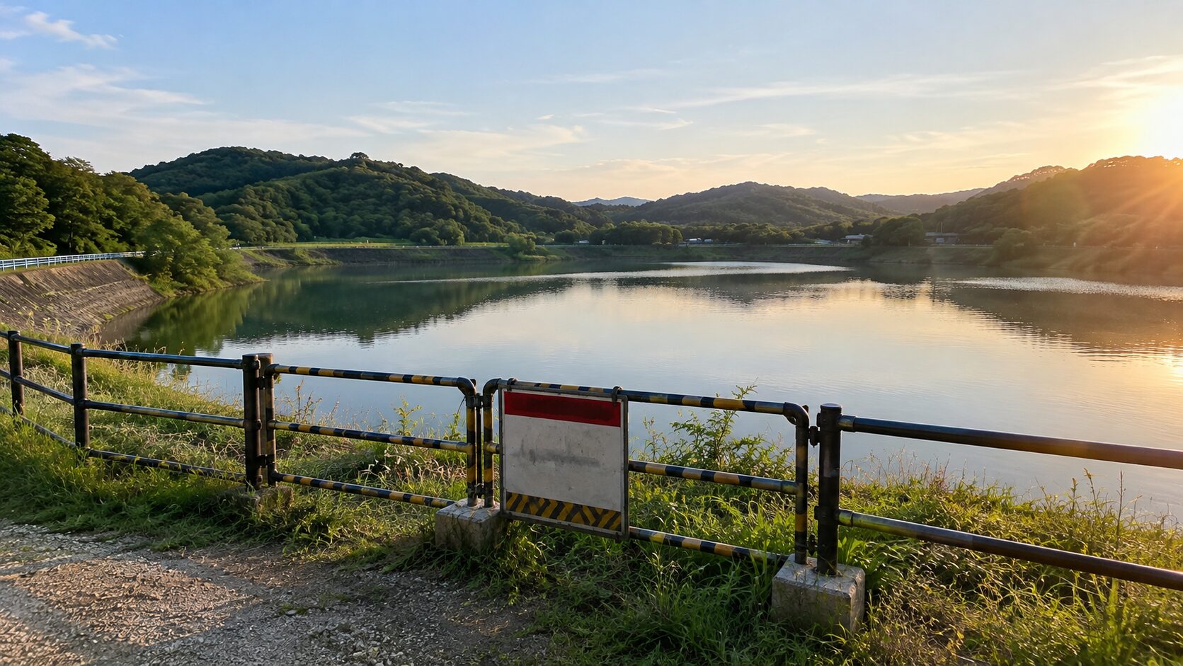 ため池の柵と看板