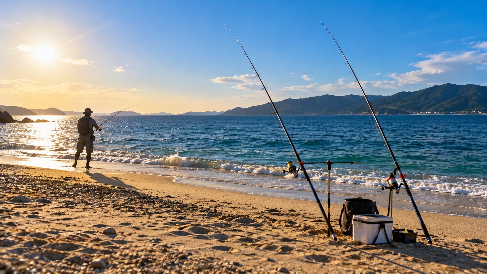 砂浜で投げ釣りをする釣り人