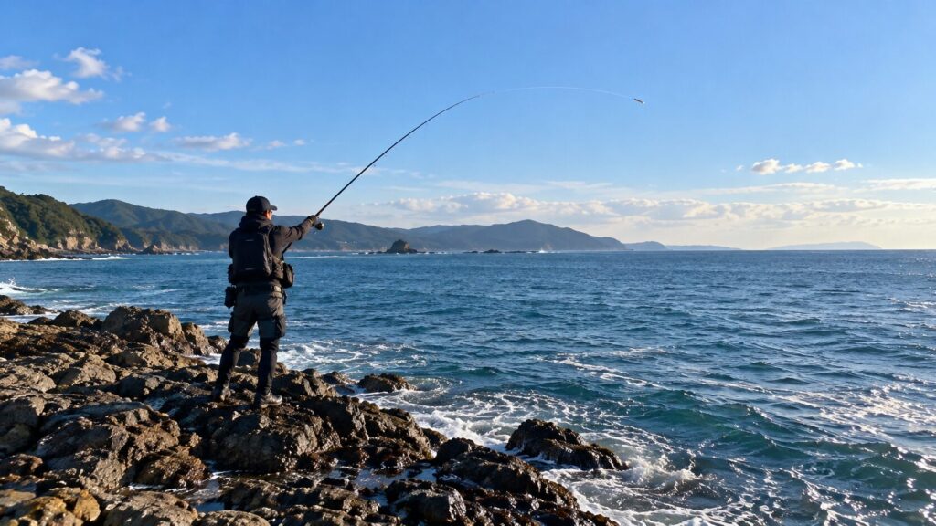 ショアジギングをする釣り人