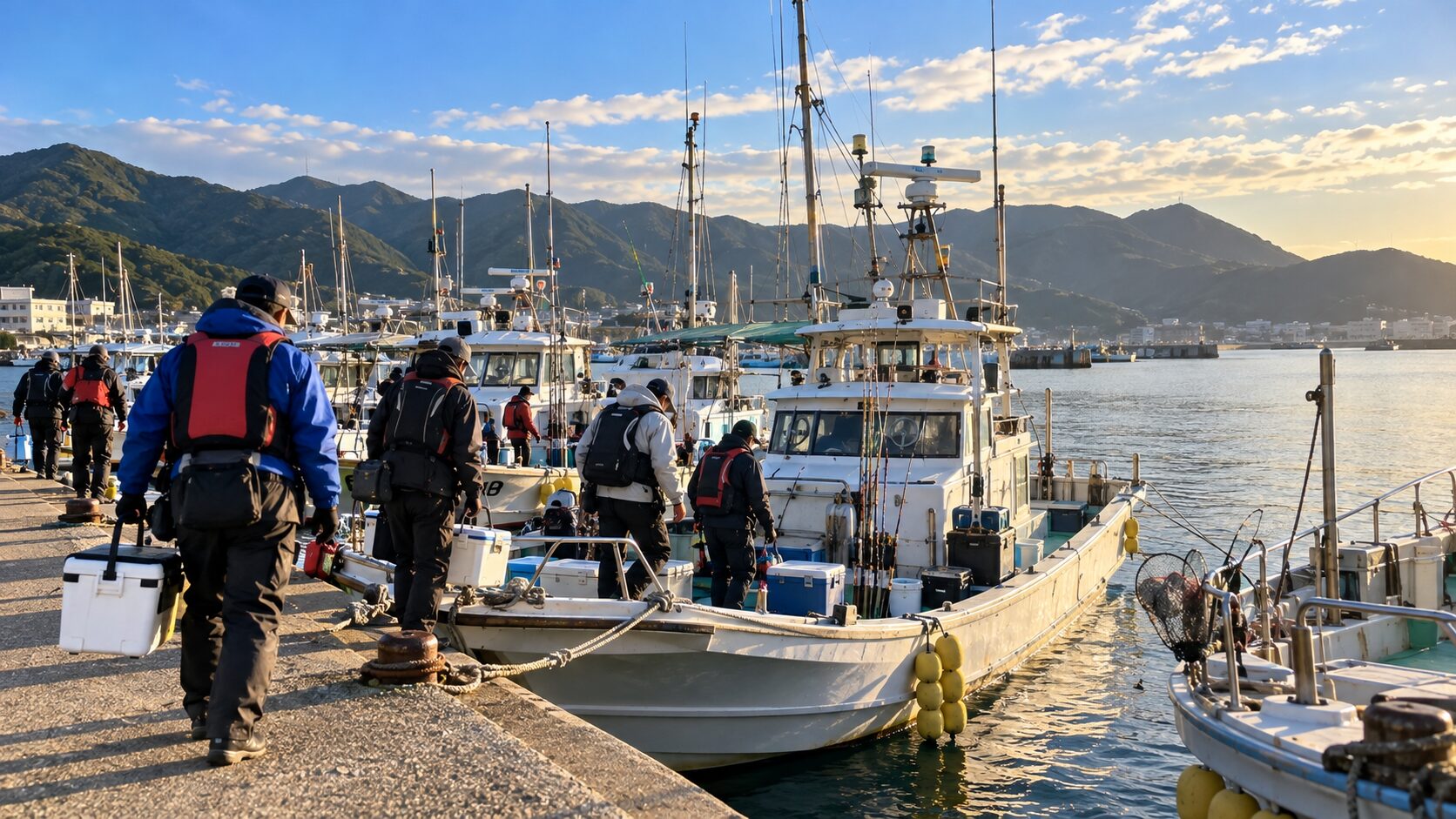 釣り船に乗り込む釣り人