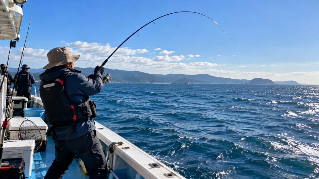 船で大物がかかった釣り人