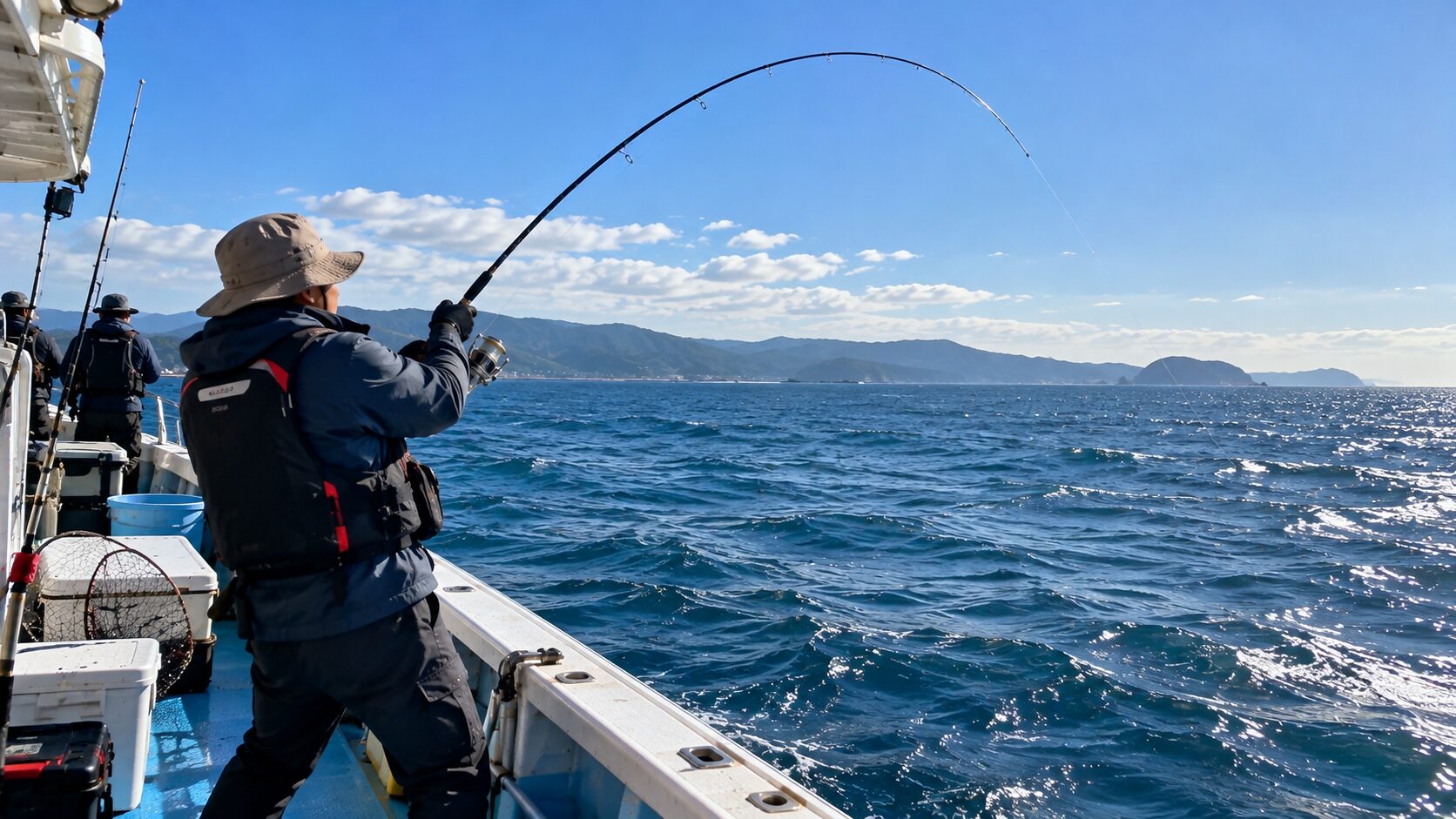 船で大物がかかった釣り人