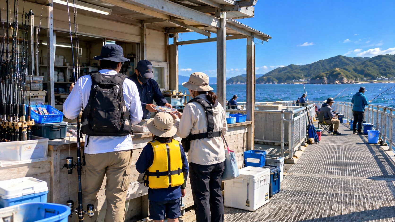 貸し竿を受け取る家族