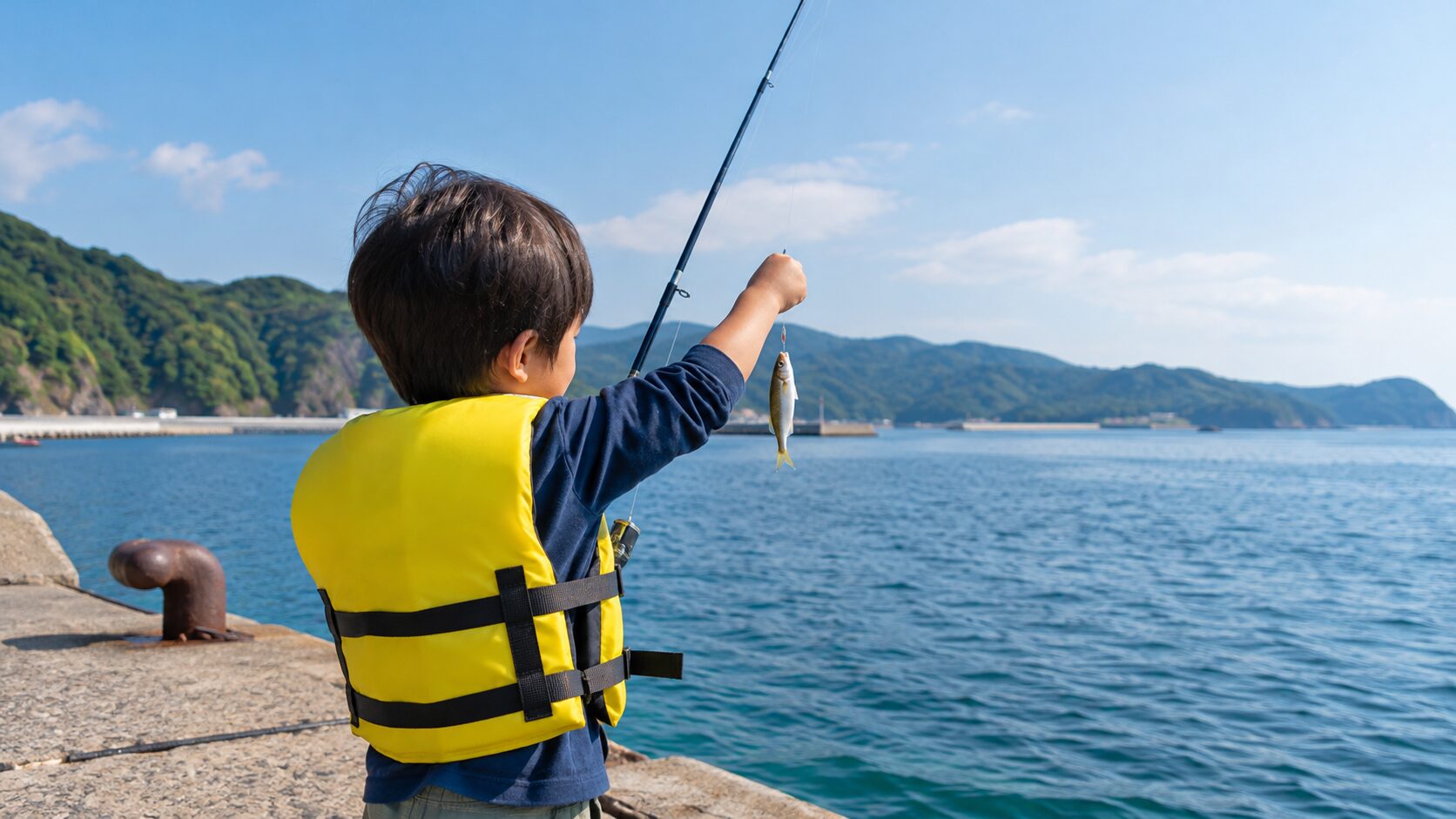 釣れた魚に喜ぶ子ども