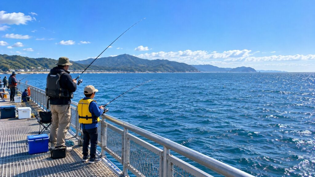 海釣り公園で釣りをする親子