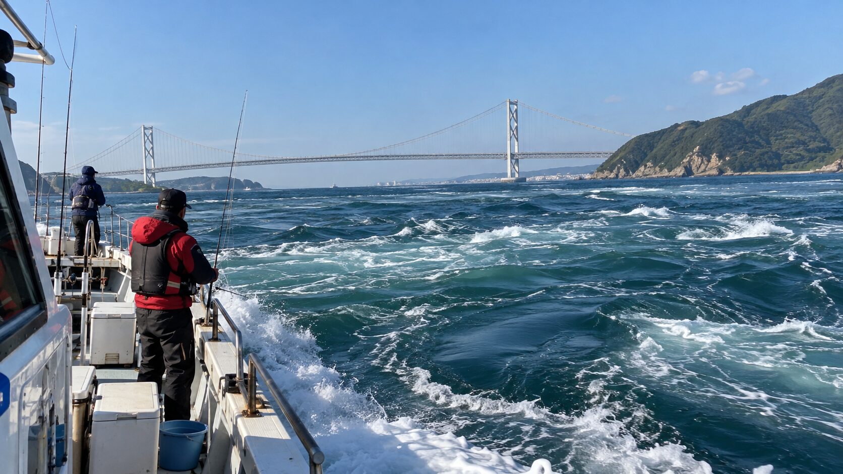 海峡で鯛釣りをする釣り船
