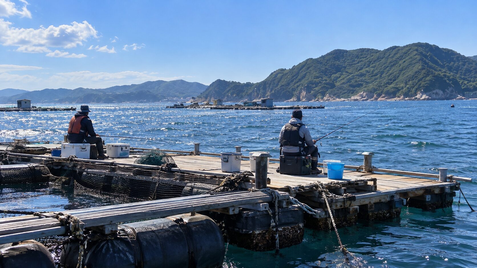 筏で釣りをする人